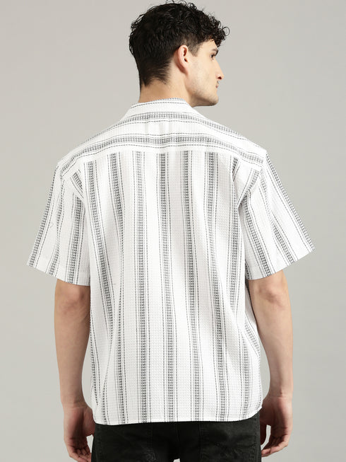 White Striped Short Sleeved Oversized Resort Shirt